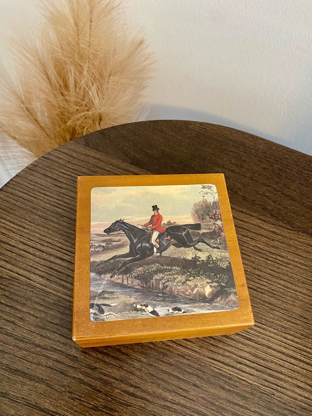 Vintage Wooden Trinket Box with Equestrian Print - Made in Taiwan